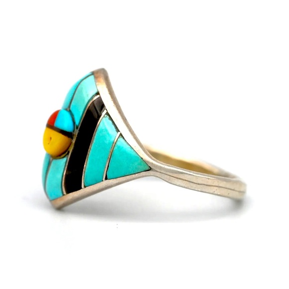 VINTAGE ZUNI STERLING SILVER TURQUOISE INLAY RING By FYC Zuni SIZE 7 - Picture 4 of 6